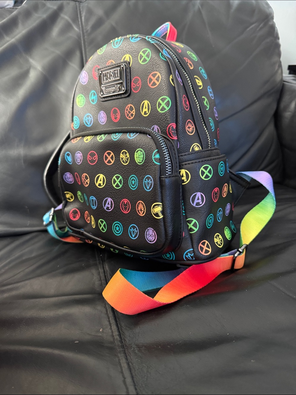 Marvel Kids Rainbow Icons Mini Backpack - Black with Rainbow Straps